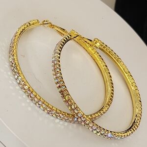 Large Gold Hoop Earrings AB Iridescent Crystals